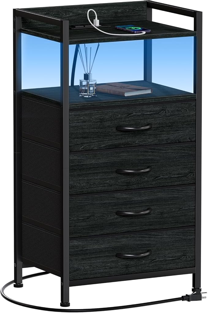 Night Stand with Charging Station, Tall Bedside Table by Furnulem