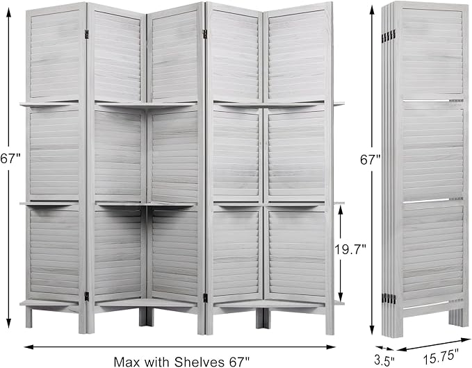 Room Divider with Shelves, 5 Panel Grey Privacy Screen | Partition Room - Image 3