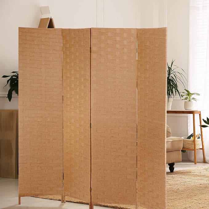 Wood Mesh Woven Design 4 Panel Folding Wooden Screen Room Divider - Image 2