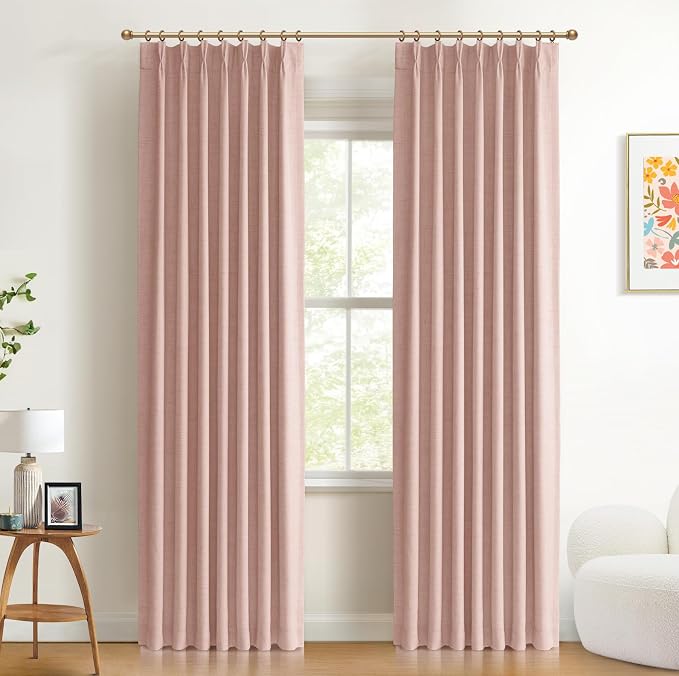 Pinch Pleated Full Blackout Faux Linen Curtains 108 Inches Long | Blush Pink by 100BlackoutShield