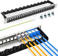 PBAEGAV 24 Port Patch Panel Blank UTP/STP 1U 19“ Keystone Patch Panel with Cable Management and Support Bar Compatible with LC/SC/ST/FC/USB/HDMI Keystone Jack(24 Port)