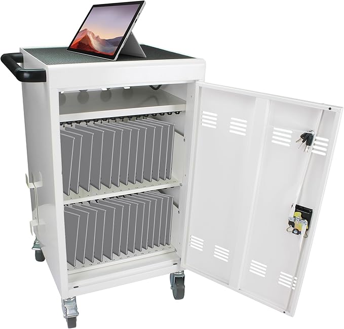 OFLILAK 30-Device Mobile Charging Cart with Charging Power Strip and Front and Rear Access Locks, Cable Management, Up to 17"", Safe Charging Cabinet for Ipads, Chromebooks, Tablets, Laptops White