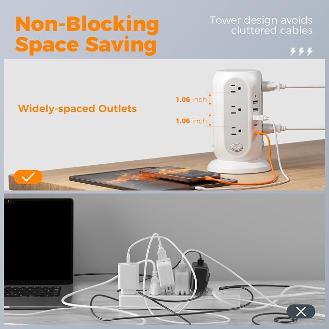 TESSAN Tower Power Strip Surge Protector, Flat Extension Cord 6 Ft, 5 USB Ports - Image 7