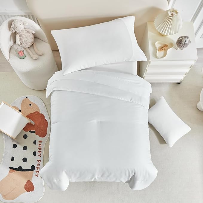 Toddler Bedding Set - 5 Piece Soft and Breathable Toddler Bed Set for Boys and Girls, Includes Quilted Comforter, Fitted Sheet, Flat Top Sheet, Standard Pillowcase and Toddler Pillowcase, White
