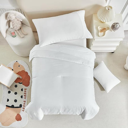 Toddler Bedding Set - 5 Piece Soft and Breathable Toddler Bed Set for Boys and Girls, Includes Quilted Comforter, Fitted Sheet, Flat Top Sheet, Standard Pillowcase and Toddler Pillowcase, White