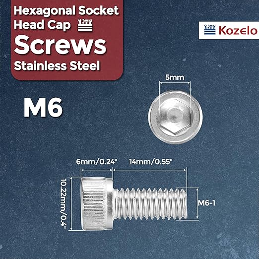 Kozelo 20pcs Socket Head Cap Screws - [M6-1 x 14mm] 304 Stainless Steel Allen Socket Drive for Electrical Motor 3D Printing Fan Engine Replacement Use, Silver