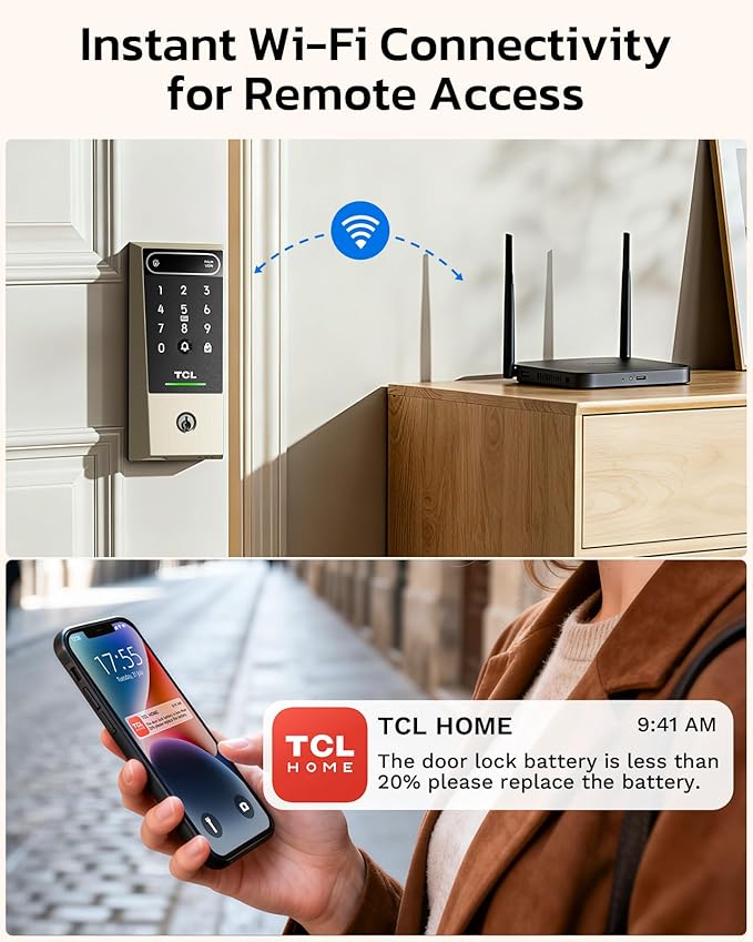 TCL D2 Pro Smart Lock with Palm Vein Recognition, 10000mAh Rechargeable Battery & Wi-Fi, Keyless Entry Door Lock, IP55 Weatherproof, Built-in Doorbell, Auto Lock, Brushed Nickel