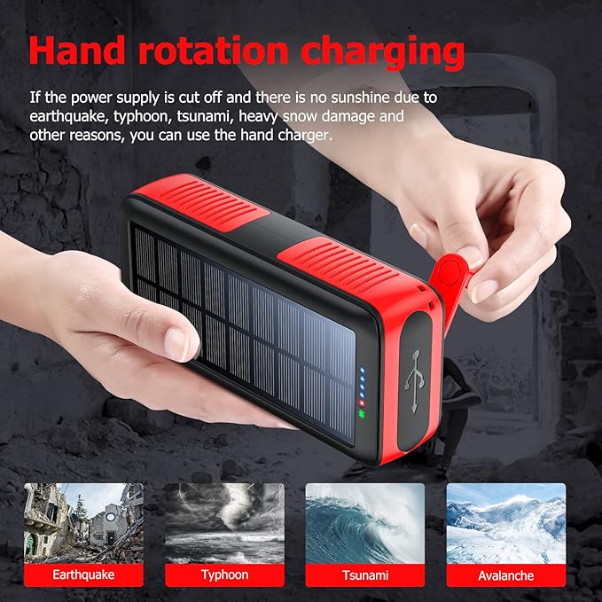 boogostore Solar Charger Power Bank 63200mAh, Portable Charger with Dual Outputs & Dual Inputs 4 LEDs Flashlight, Hand Crank Power Bank Fast Charging Battery Pack for Outdoor Camping Survival Gear