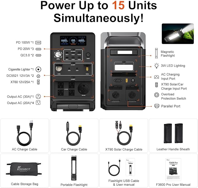 FOSSiBOT 3600W Portable Power Station, 3840Wh Solar Generator with LiFePO4 Battery for Home, Camping, RV, Emergencies (F3600+420w solar panel)
