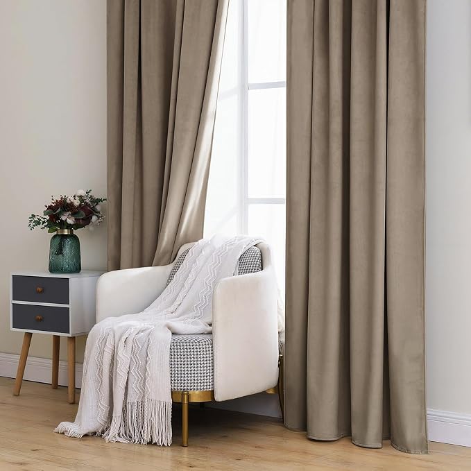 MIULEE Velvet Curtains 52x96 inches 2 Panels Light Taupe Blackout Curtains | - Image 7