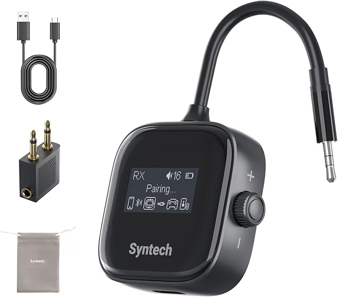 Syntech Airplane Bluetooth Transmitter Receiver 5.4 Adapter for 2 AirPods or Wireless Headphones, HD Display Low Latency 3.5mm AUX Jack Bluetooth Audio Adapter for Flying, TV, Car, Gym, Home Stereo