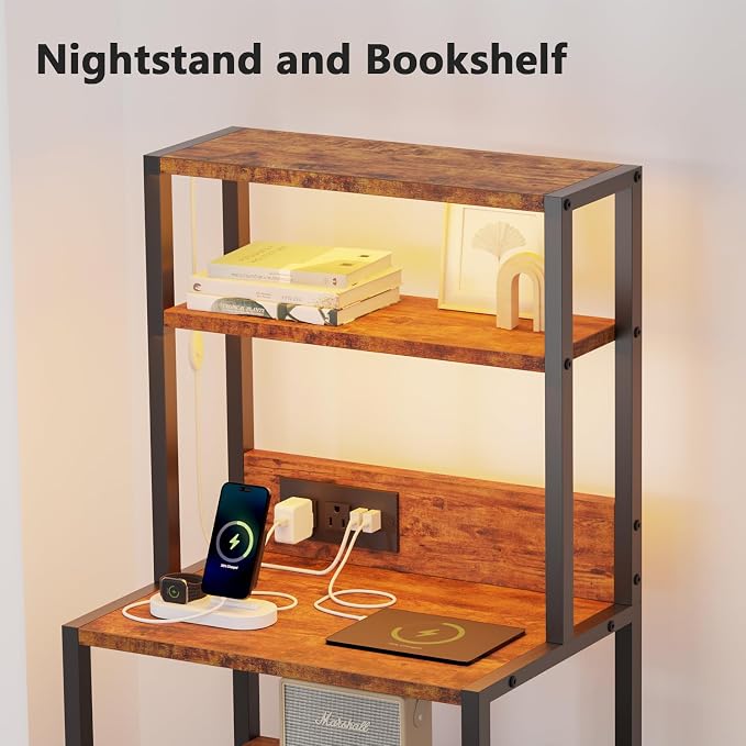 Nightstands Set of 2 with Charger Station, 39.4"Tall Bedside Table | RGB LED - Image 6