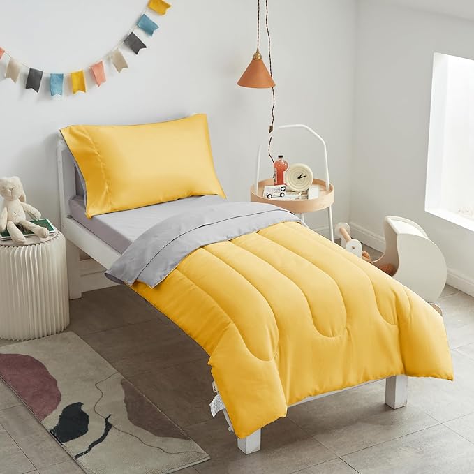 UOZZI BEDDING Yellow 4 Pieces Toddler Bedding Set Ultra Soft and Breathable Toddler Sheet Set - Includes Comforter, Flat Sheet, Fitted Sheet and Pillowcase (Yellow with Gray)