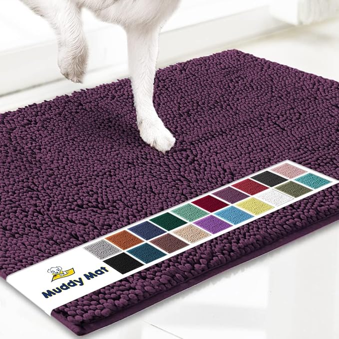 Muddy Mat® AS-SEEN-ON-TV Highly Absorbent Microfiber Door Mat and Pet Rug, Non Slip Thick Washable Area and Bath Mat Soft Chenille for Kitchen Bedroom Indoor and Outdoor - Dark Purple 24" x 96"
