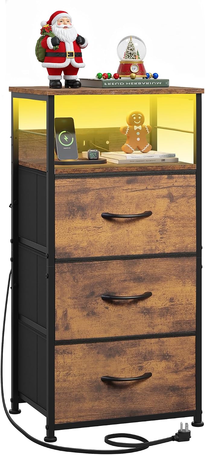 WLIVE Nightstand with Charging Station, 31.9" H Nightstand with 3 Fabric Drawers by WLIVE