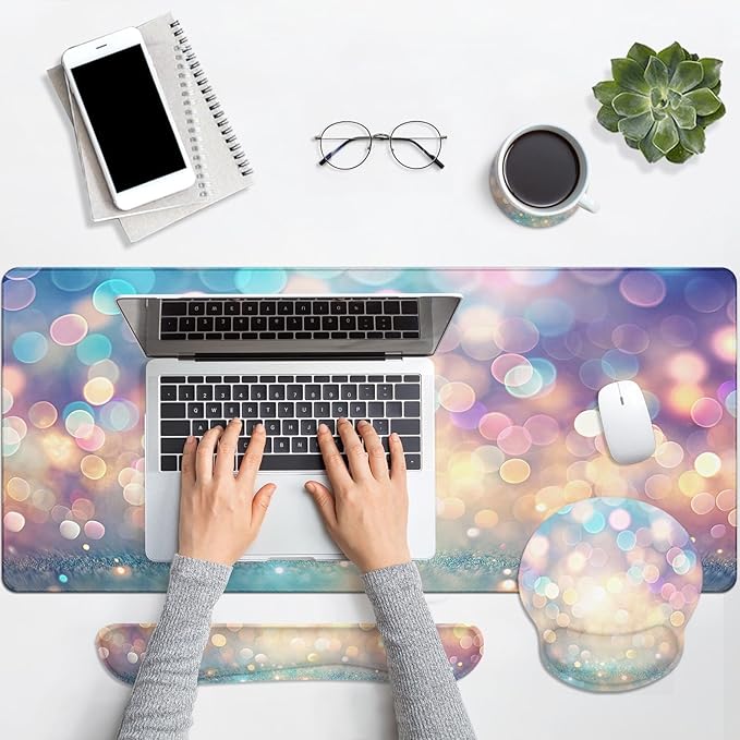 Britimes Abstract Pink and Blue Glitter Keyboard Mouse Pad Set 4in1 Large Mousepad+Keyboard Wrist Rest+Mouse Wrist Rest+Coaster Set with Ergonomic Design for Home Office Computer 35.4x15.7 inches