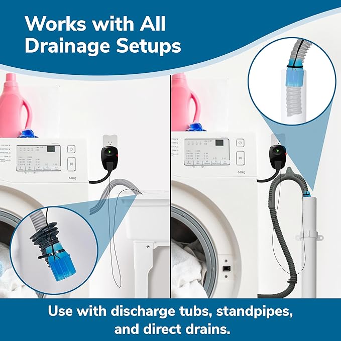 WasherWatcher Laundry Tub Overflow Protector - Water Leak Shut Off Detectors w/ LED Indicator, Alarm, Water Sensor, & More - Easy to Install Washing Machine Leak Detector for Any Drain System