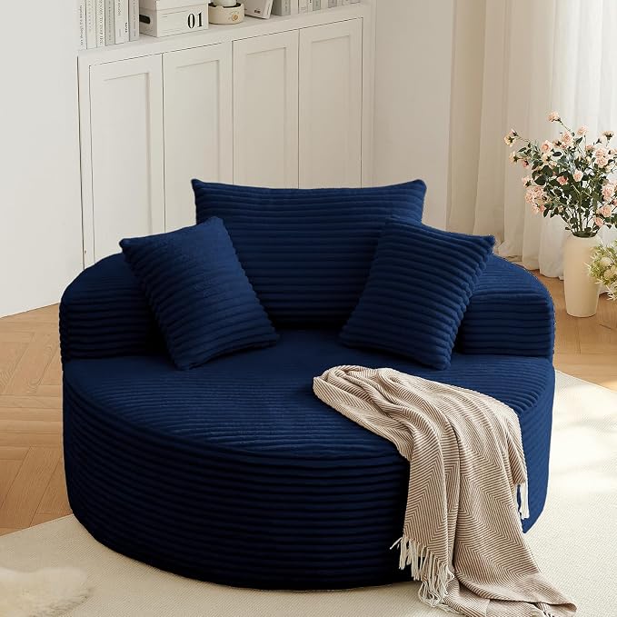 55'' Oversized Round Lounge Chaise Chair, Corduroy Upholstered Indoor Chaise by cloudcouch