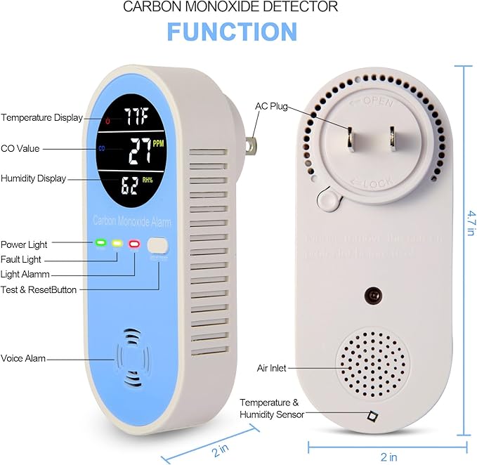 Vzmcov Plug-in Carbon Monoxide Detector with Real-Time CO Display & Temperature/Humidity Monitor, Plug-in CO Alarm for Home, RV, Apartment, Indoor Air Safety 3-Pack