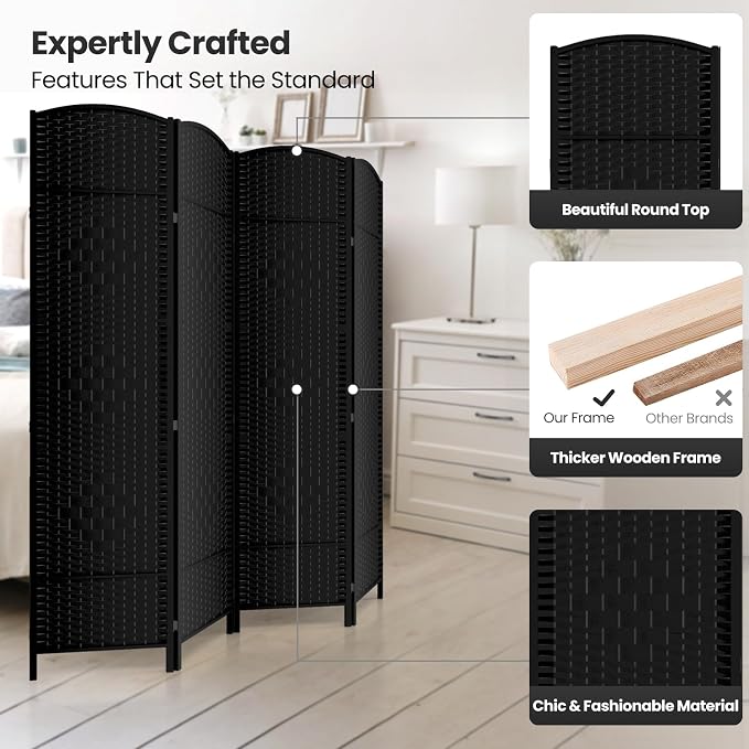 4 Panel Folding Room Divider, Woven Privacy Screen, handcrafted diamond pattern - Image 2