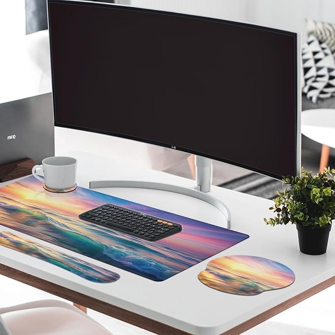 Britimes Sunset Beach Keyboard Mouse Pad Set 4in1 Large Mousepad+Keyboard Wrist Rest+Mouse Wrist Rest+Coaster Set with Ergonomic Design for Home Office Computer 35.4x15.7 inches