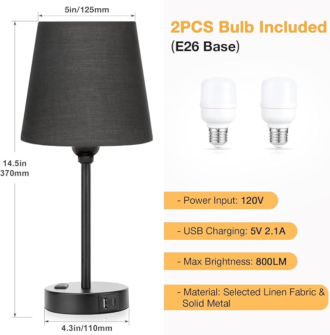 Black Bedside Lamps Set 2 for Bedroom - Image 7