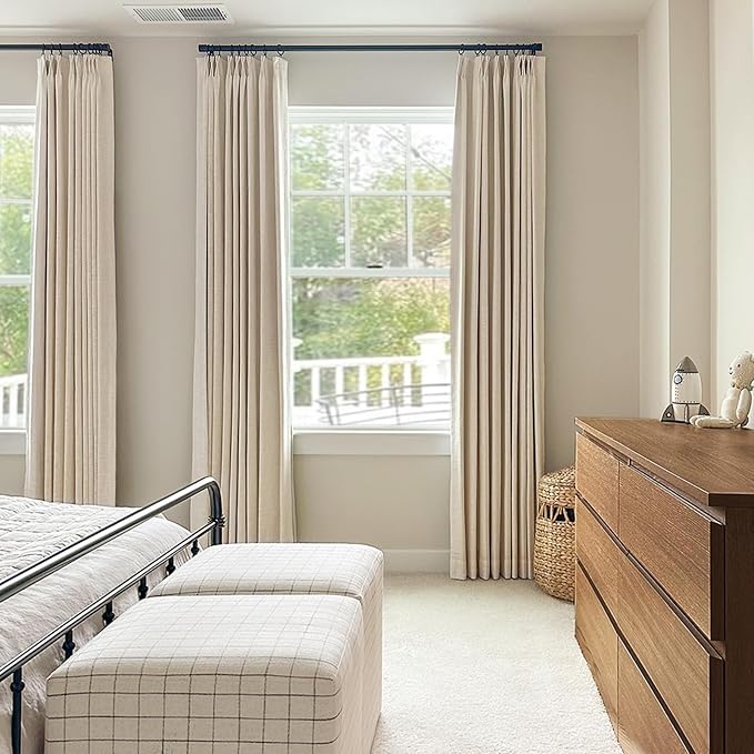 Pinch Pleated Full Blackout Faux Linen Curtains 96 inch 2 Panel Set | Cream - Image 7