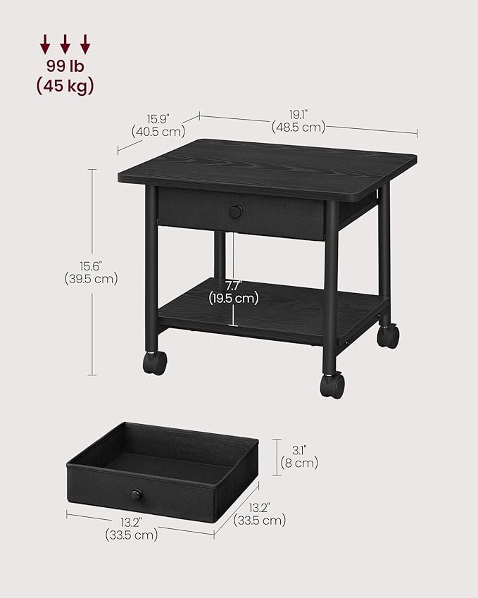 VASAGLE Heavy-Duty Printer Stand with Locking Wheels, 2-Tier with Drawer Industrial Mobile Cart with Storage Shelf, Printer Table for Home, Office, 15.6" Height, Ebony Black UOPS004B56