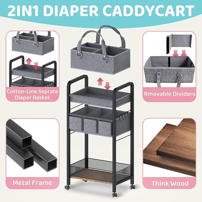 2IN1 Baby Diaper Caddy Organizer-3 Tier Rolling Storage Cart - Image 7