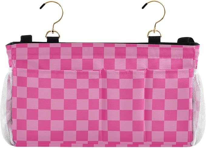Pink Checkered Print Bedside Caddy Storage Bag Bedside Organizer - Image 2