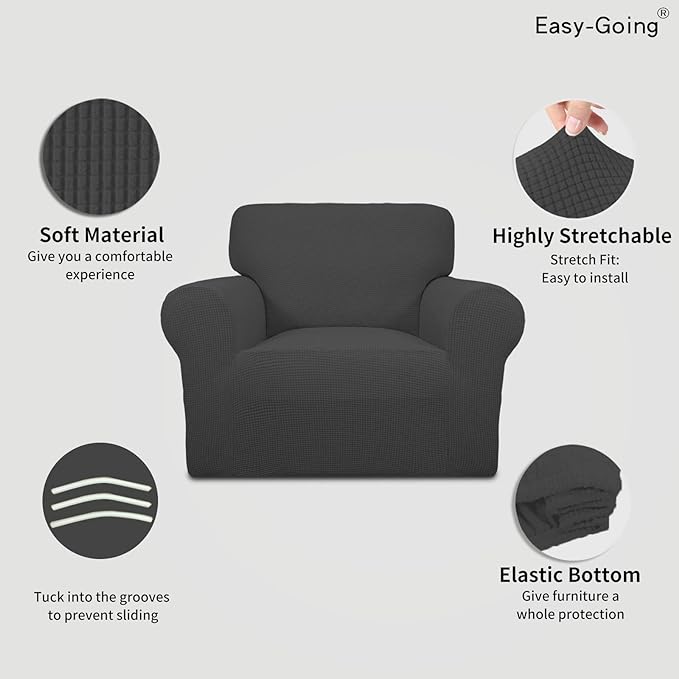 Easy-Going Stretch Chair Sofa Slipcover 1-Piece Couch Sofa Cover Furniture Protector Soft with Elastic Bottom for Kids, Pet. Spandex Jacquard Fabric Small Checks (Chair, Dark Gray)