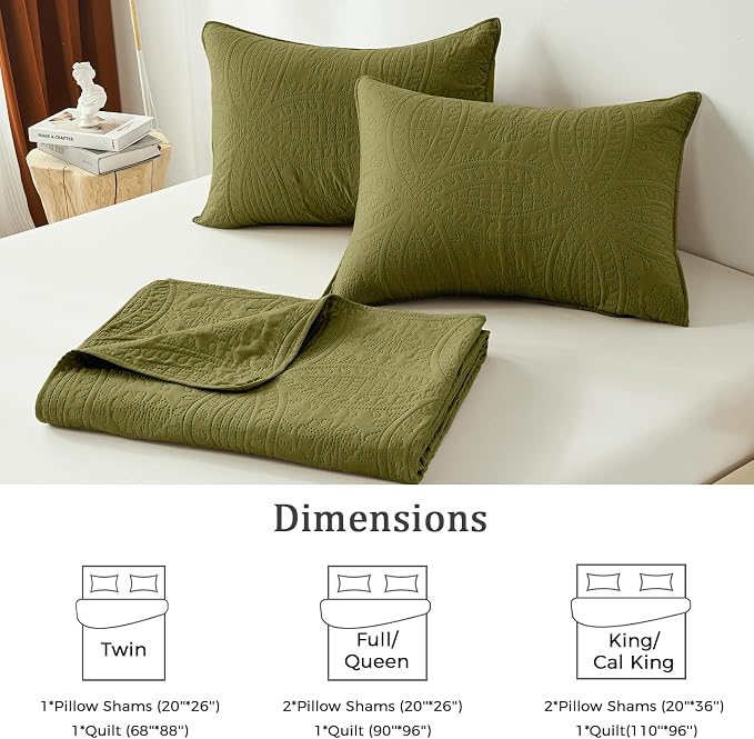 akkialla King/Cal King Quilt Set, Olive Green Lightweight Bedspread - Image 6