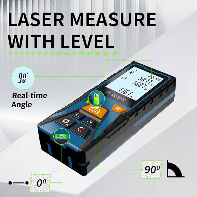 Green Laser Distance Meter 393.7ft Digital Measuring Tool with Angle Sensor Backlit LCD Area/Volume/Pythagorean ±2mm Class II Handheld Laser Measurer for Construction & DIY AAA Battery Powered