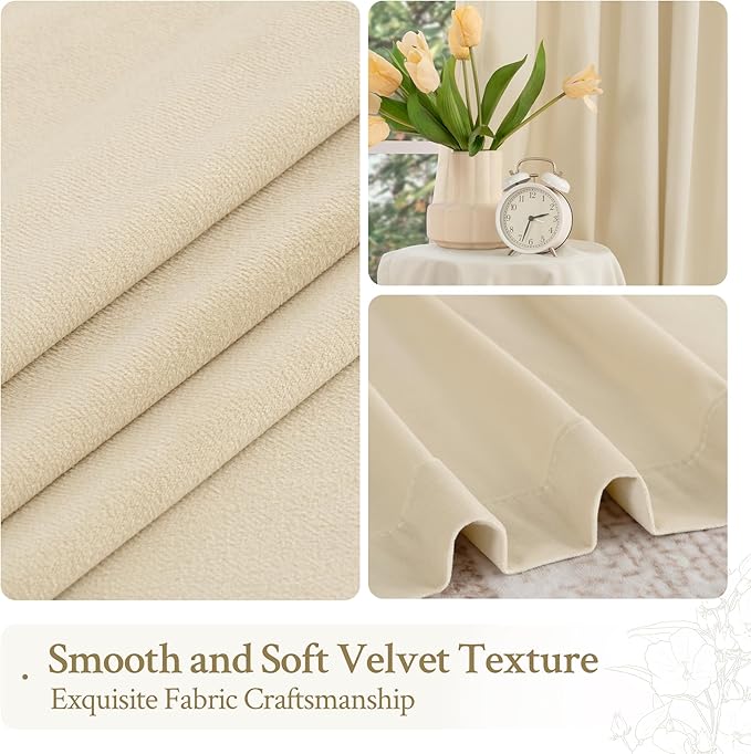 LAMIT Beige Velvet Curtains 90 Inches for Living Room, Elegant Thermal Insulated Panels Noise Reducing Back Tab and Rod Pocket Drapes for Bedroom/Farmhouse, 2 Panels, 52 x 90 Inch