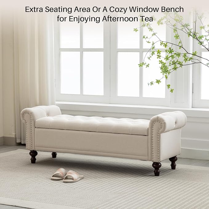 SOFTHION 58.1" Storage Bench for Bedroom, Linen Upholstered - Image 7