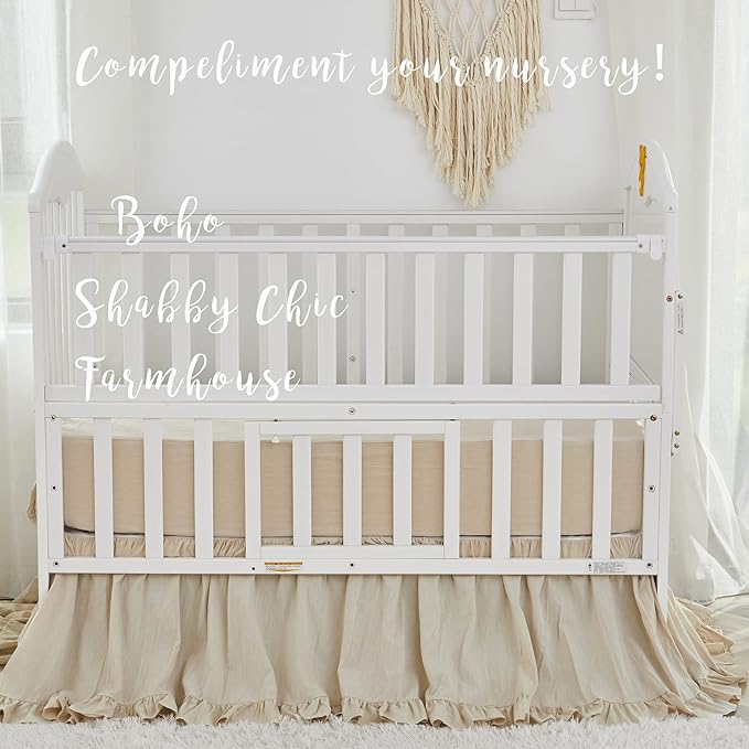 Brandream Boho Bohemian Girl Baby Nursery Crib Bed Skirt Dust Ruffle - Neutral Solid Color Beige Farmhouse Chic 100% Washed Cotton Ruffle