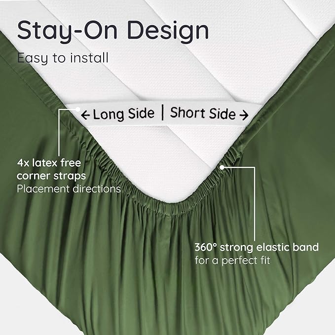 Bambaw 100% Viscose Derived from Bamboo Fitted Sheet Queen Size, Cooling Fitted Sheet Queen Size, 16’’ Deep Pocket & Elastic Corner Straps (Olive)