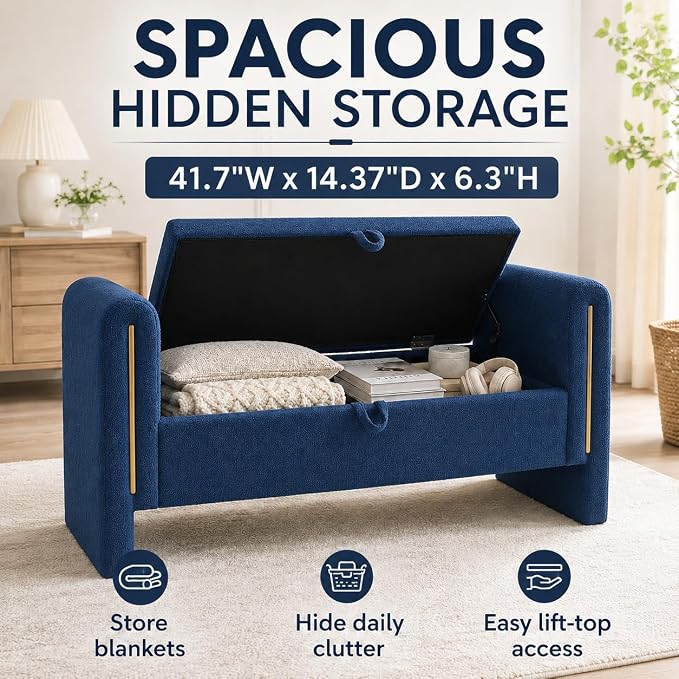 52" Upholstered Storage Bench, Wood Frame | Mid-century storage ottoman bench - Image 8
