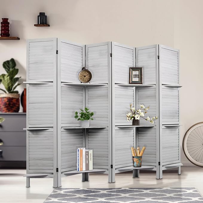 Room Divider with Shelves, 6 Panel Grey Privacy Screen | Partition Room - Image 2