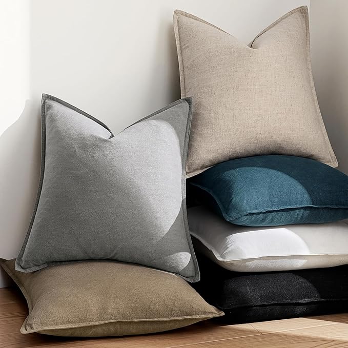 EMEMA Decorative Linen Throw Pillow Covers 24x24 Inch Cream Boho Farmhouse Neutral Couch Throw Pillows for Bed Pack of 2 Accent Pillowcase Modern Sofa Cushion Livingroom Home