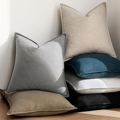 EMEMA Decorative Linen Throw Pillow Covers 24x24 Inch Cream Boho Farmhouse Neutral Couch Throw Pillows for Bed Pack of 2 Accent Pillowcase Modern Sofa Cushion Livingroom Home