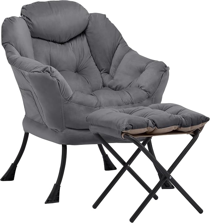 Lazy Chair with Ottoman, Comfy Reading Chair, Darkgrey | Cushioned Seat with by Aunekiv