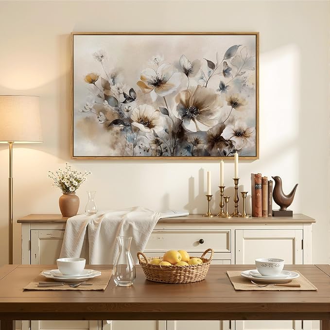 Framed Neutral Floral Wall Art, Vintage Beige Botanical Flower Canvas Artwork - Image 2