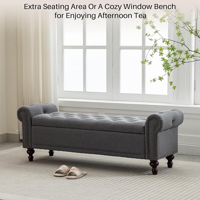 SOFTHION 58.1" Storage Bench for Bedroom, Linen Upholstered - Image 7