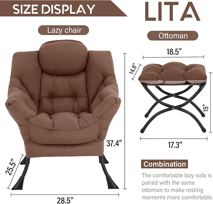 Lazy Chair with Ottoman, Comfy Accent Reading Chair, Dark Brown | Foldable - Image 3