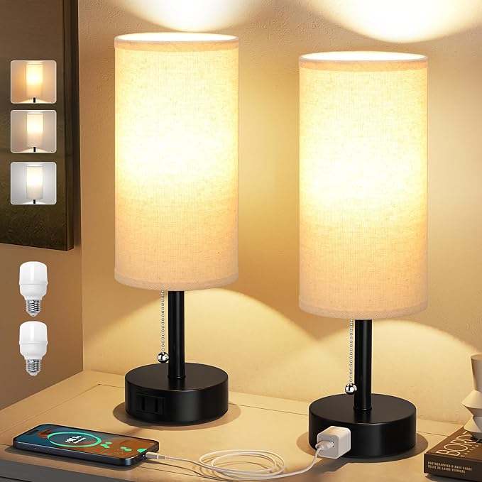 Beige Bedside Table Lamps Set of 2 - Image 2