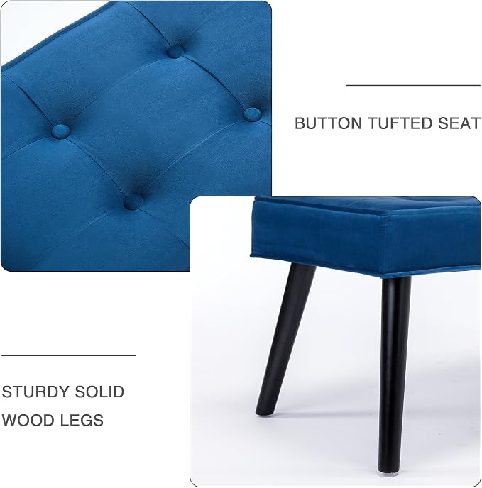 LOULENS Entryway Bench, Dark Blue | Wood Legs, Button Tufted, Upholstered Bench - Image 4