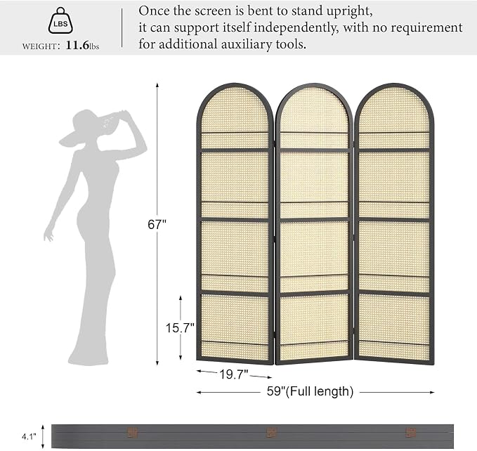Rattan Room Divider with Built-in Bookshelf | Foldable Privacy Screen & - Image 2