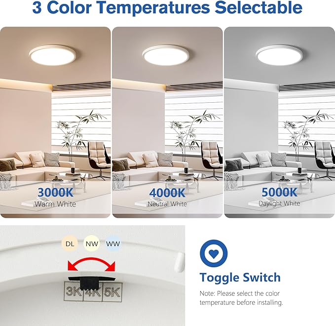 YELIOLED 12 Inch Slim Dimmable LED Flush Mount Ceiling Light Fixtures, 24W 2640LM 3000K/4000K/5000K, House Upgrade Led Lights for Bedroom Hallway Laundry Room Rental Units, 240W Equiv., White