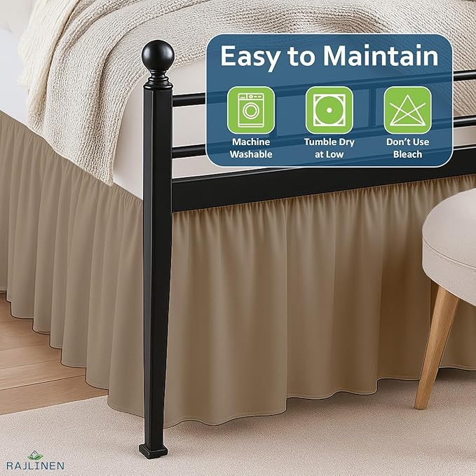 Rajlinen Ruffled Bed Skirt California King, 8 Inch Drop Dust Ruffle with Split Corners, 100% Microfiber Bedskirt with Platform, Three-Sided Coverage Ruffled Gathering Design, Taupe